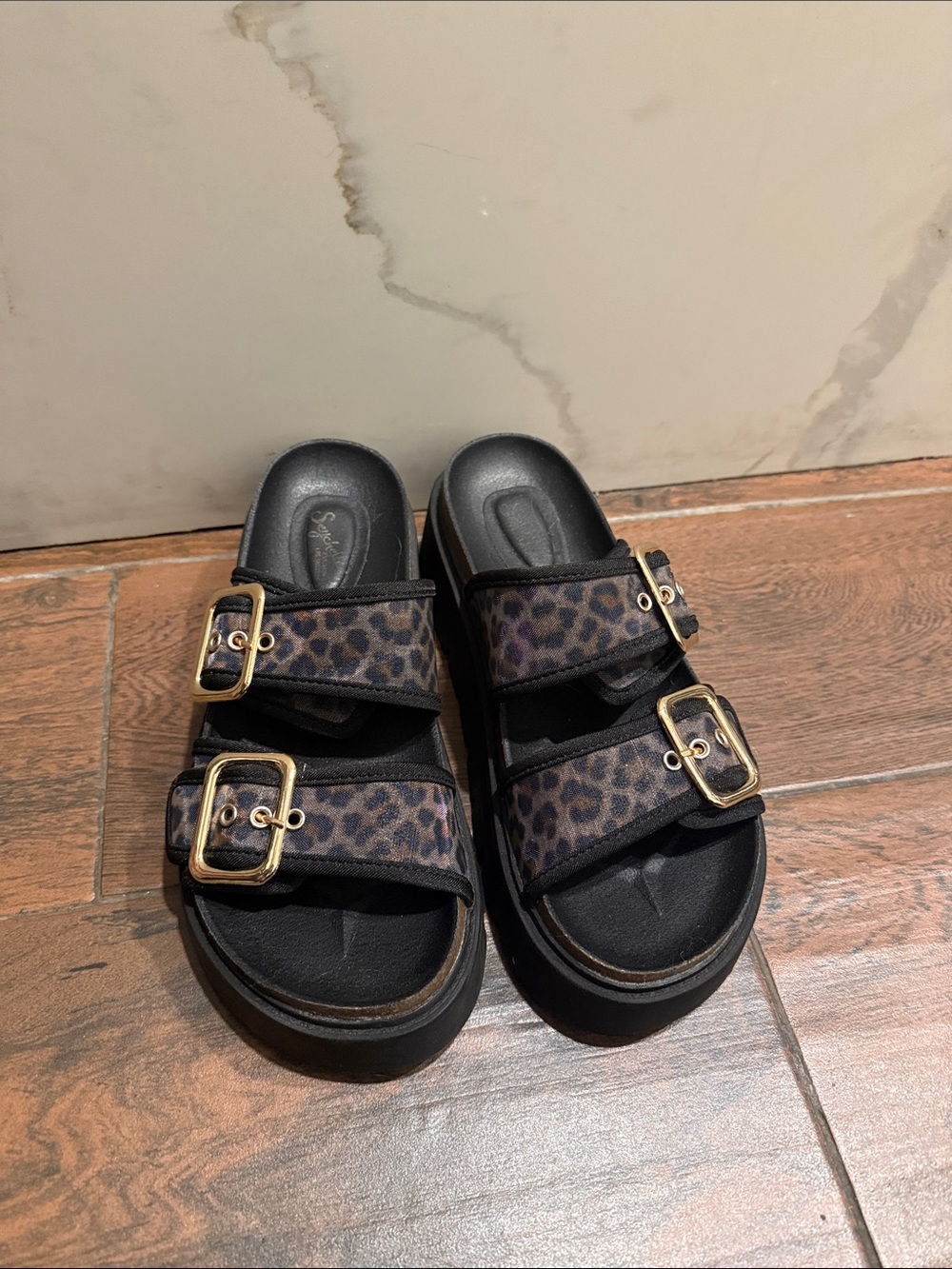 Women's Leopard Print Double Strap Sandal - Black